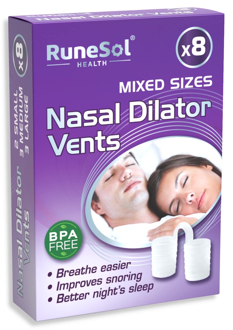 Runesol Snoring Relief Nasal Dilator, 8 x Mixed Clear Nasal Dilators, Snoring Aids for Men and Women, Sleep Nose Vents, Anti Snoring Devices, Stop Snoring Aid for Sleeping, Snore Stopper, Congestion
